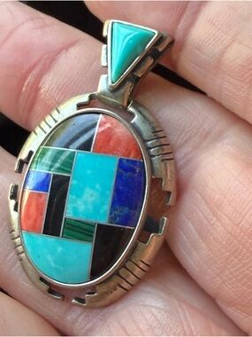Carolyn Pollack 925 Silver Multicolor Inlay Pendant - Turquoise, Lapis, Coral
